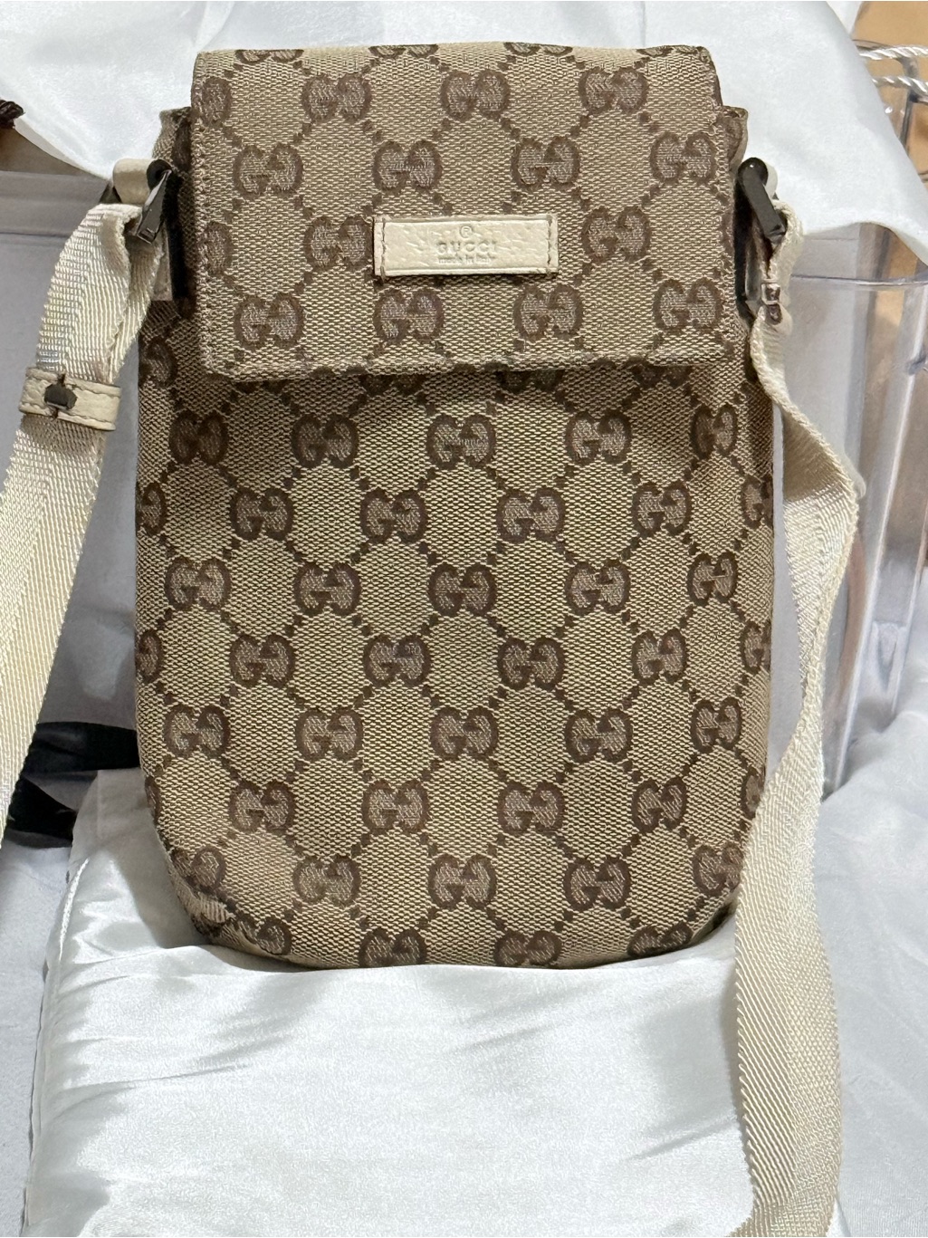 Authentic Vintage Gucci Beige & Brown Gg Monogram Crossbody Phone Bag